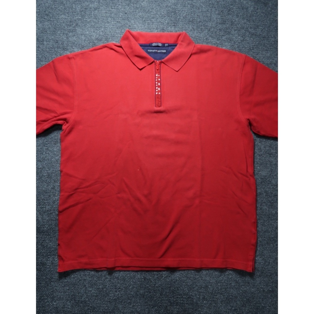 Vintage Tommy Hilfiger Mens XXL Red Quarter Zip Polo Shirt Made in Taiwan 90s VT